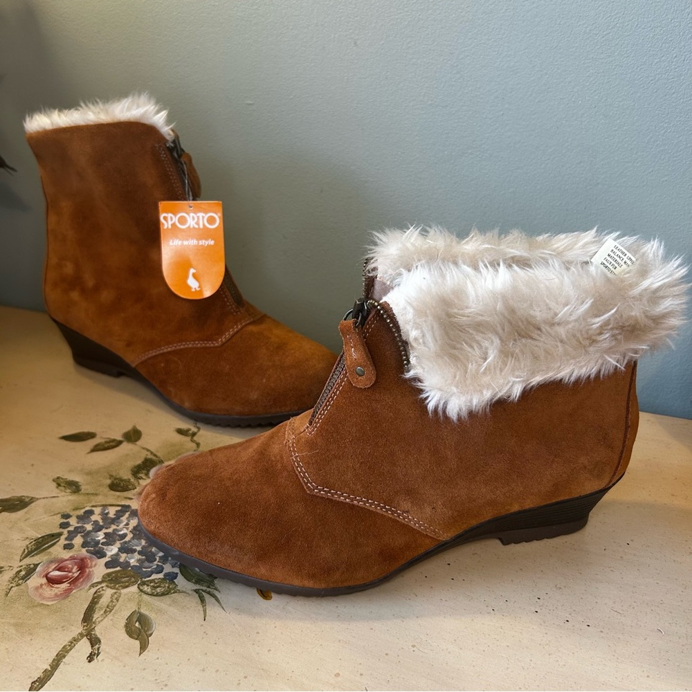 Sporto Dark Tan Suede Faux Fur Lined Zip Front Wedge Heel Ankle Boots NEW NWT
